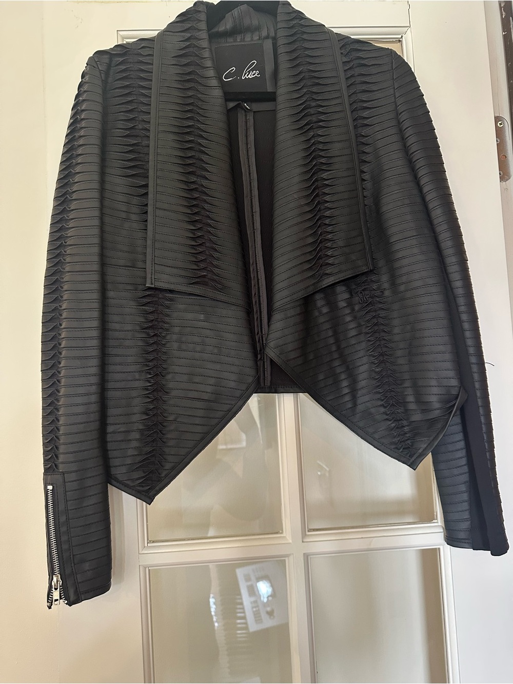 C. Luce Black Draped Open-Front Textured Jacket
